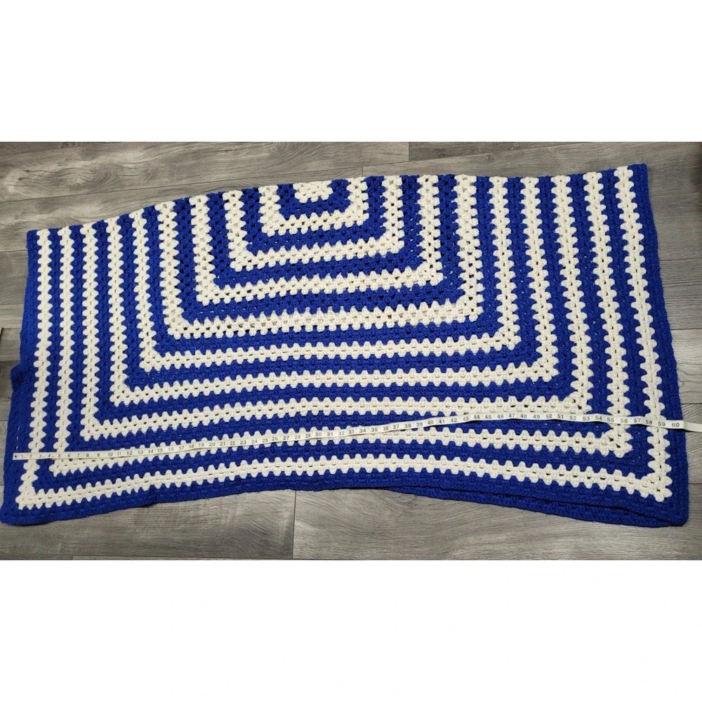 Handmade Crocheted Blanket Throw Granny Square Pattern Blue White Approx 60 x 58